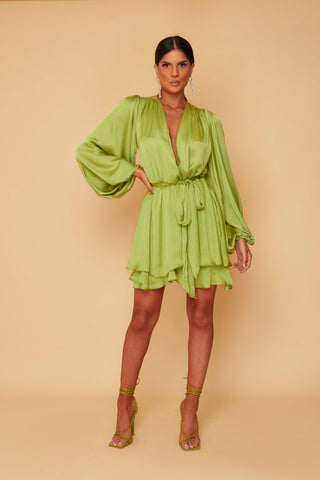 Madison lime silk feel layered dress with belt