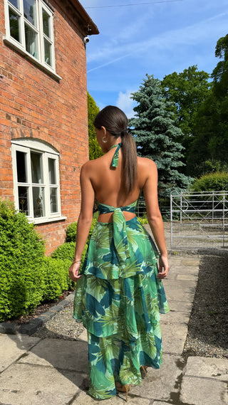 Yasmin palm halter top and tiered maxi skirt