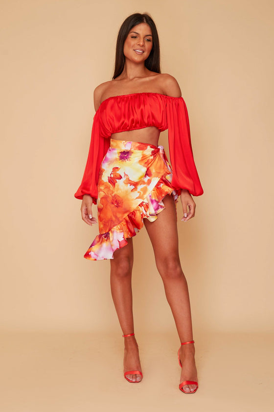 Custom amber top & Multi-Coloured Ruby Skirt Co ord Set