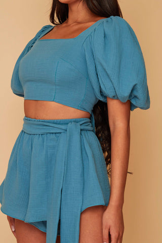 Sale Lilah teal Puff Sleeve Crop With shorts Co ord Set size 6