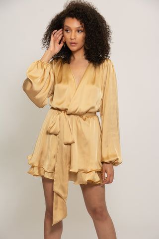 Madison gold silky dress with oversized sleeves