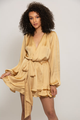 Madison gold silky dress with oversized sleeves