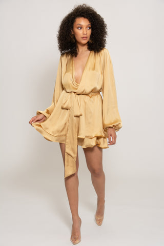 Madison gold silky dress with oversized sleeves