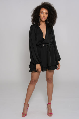 Madison Black Silk Feel Layered Dress With Oversized Sleeves