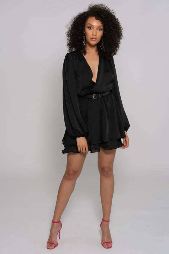 Madison Black Silk Feel Layered Dress With Oversized Sleeves