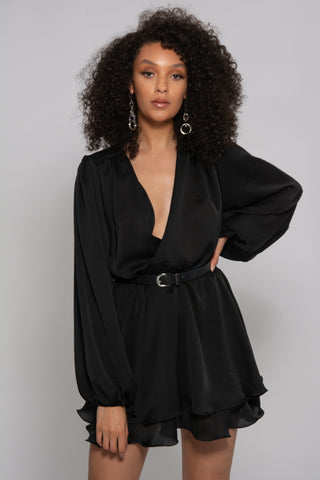 Madison Black Silk Feel Layered Dress With Oversized Sleeves