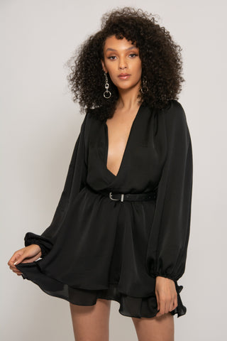 Madison Black Silk Feel Layered Dress With Oversized Sleeves