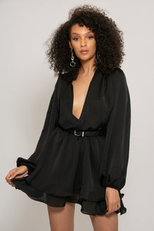  Madison Black Silk Feel Layered Dress With Oversized Sleeves