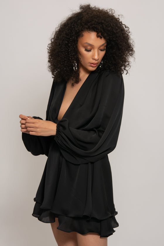 Madison Black Silk Feel Layered Dress With Oversized Sleeves