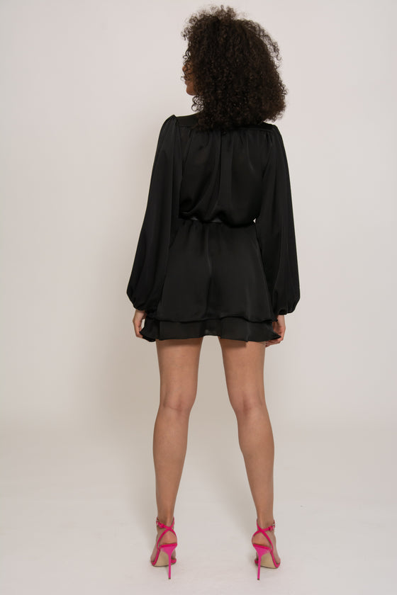 Madison Black Silk Feel Layered Dress With Oversized Sleeves