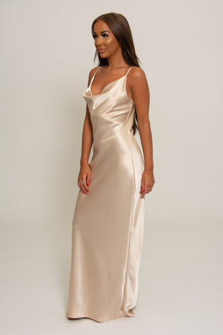 Bethany Satin Cowl Neck dress with back split