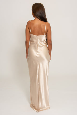 Bethany Satin Cowl Neck dress with back split