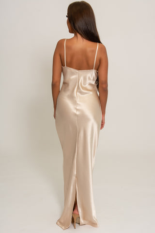 Bethany Satin Cowl Neck dress with back split