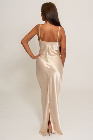 Bethany Satin Cowl Neck dress with back split