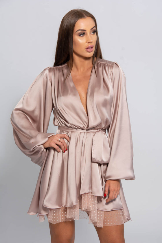 The Olivia Mink Dress With Polka Mesh Underlay BACK IN STOCK