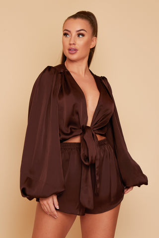 Maria Silky Wrap Top With Oversized Sleeves