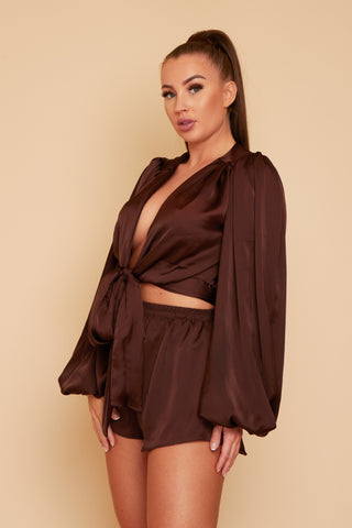 Maria Silky Wrap Top With Oversized Sleeves