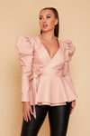 Baby Pink Bey Leather look Wrap Jacket With Oversized Sleeves