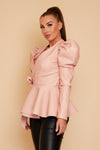 Baby Pink Bey Leather look Wrap Jacket With Oversized Sleeves