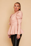 Baby Pink Bey Leather look Wrap Jacket With Oversized Sleeves