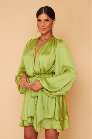Madison lime silk feel layered dress with belt