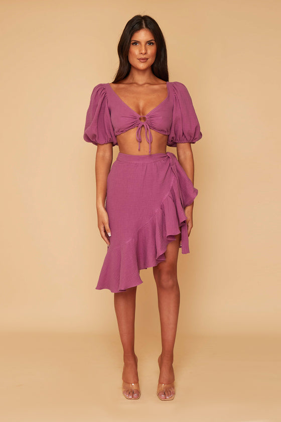 Lydia Puff Sleeve Co ord Set With Wrap Skirt