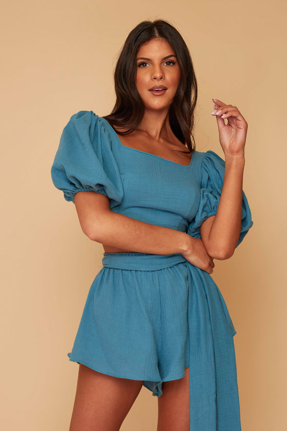 Lilah Puff Sleeve Crop With High Waist shorts Co ord Set