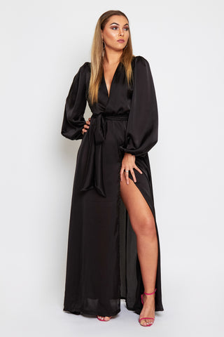 Giselle Silky Maxi Dress With Bell Sleeves and belt