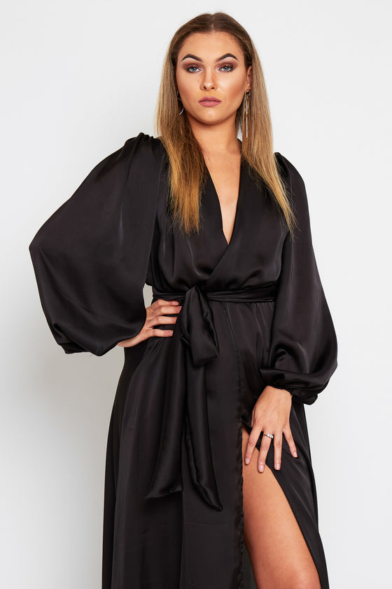 Giselle Silky Maxi Dress With Bell Sleeves and belt