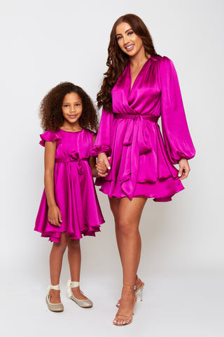 MAYA Girls Magenta Frill Sleeve Skater Silky Satin Dress