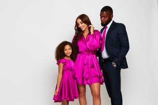 MAYA Girls Magenta Frill Sleeve Skater Silky Satin Dress