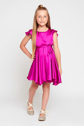 MAYA Girls Magenta Frill Sleeve Skater Silky Satin Dress