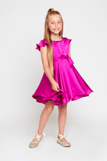  MAYA Girls Magenta Frill Sleeve Skater Silky Satin Dress