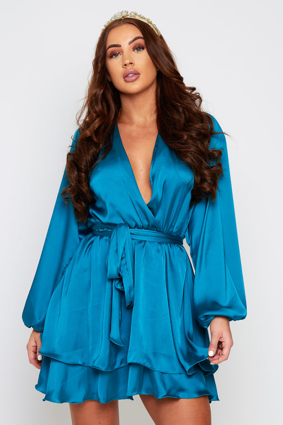 Madison teal silk feel layered dress with belt