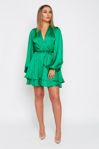 Madison emerald silk feel layered dress with belt
