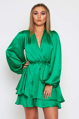 Madison emerald silk feel layered dress with belt