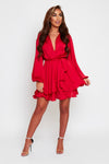 Madison red silk feel layered dress with belt