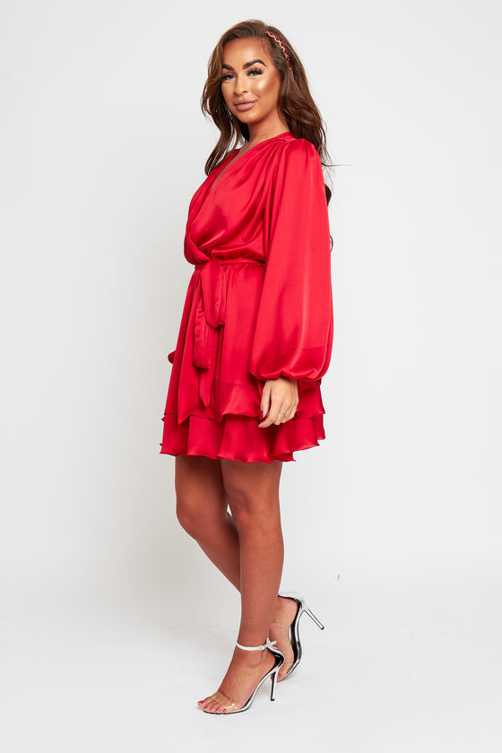 Madison red silk feel layered dress with belt