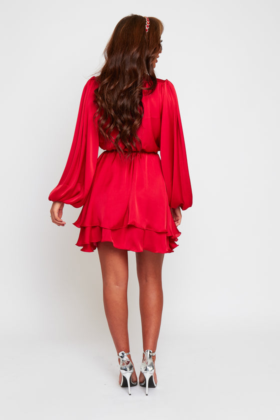 Madison red silk feel layered dress with belt