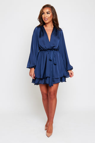 Madison navy silk feel layered dress with belt