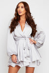 Madison Silver Silk Feel Layered Dress With Oversized Sleeves
