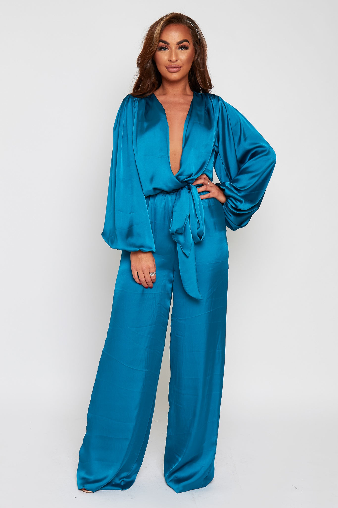 Zaire Teal Wrap Front Loose Leg Jumpsuit