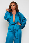 Zaire Teal Wrap Front Loose Leg Jumpsuit