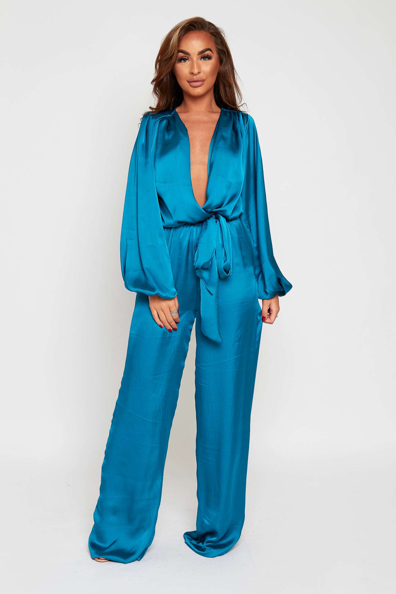 Zaire Teal Wrap Front Loose Leg Jumpsuit