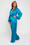 Zaire Teal Wrap Front Loose Leg Jumpsuit