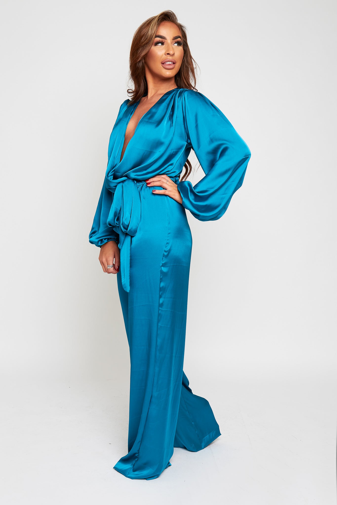 Zaire Teal Wrap Front Loose Leg Jumpsuit