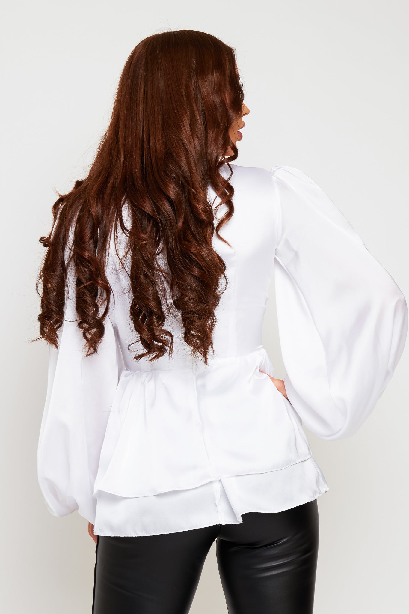 Lily Silk Feel Peplum Top With Oversized Sleeves